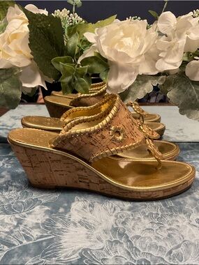 Jack Rogers Metallic Gold Cork Wedge Thong Sandals